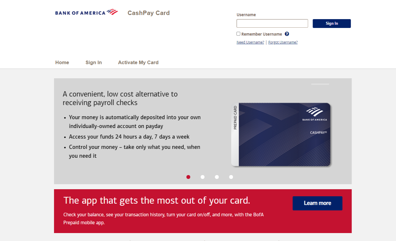 BankOf America cash Pay Card Activation